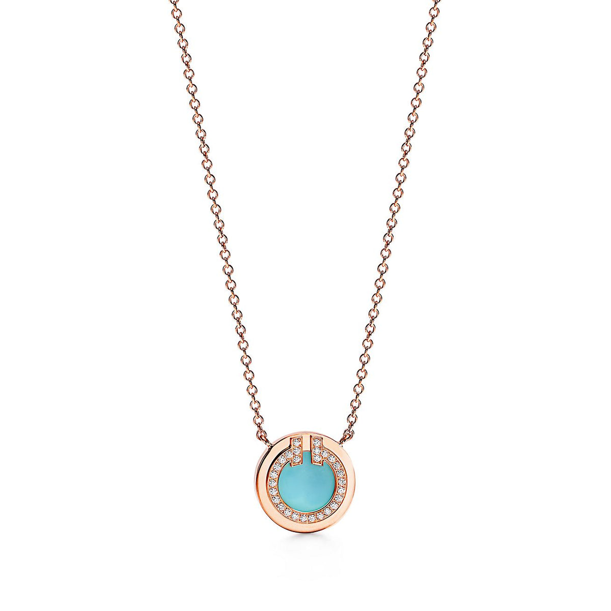 Tiffany Diamond & Turquoise Circle Pendant 18K Gold Necklace