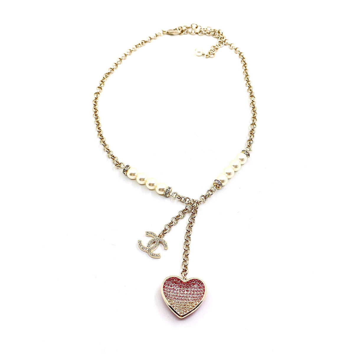 Chanel Pink Heart Diamonds 18K Gold Necklace