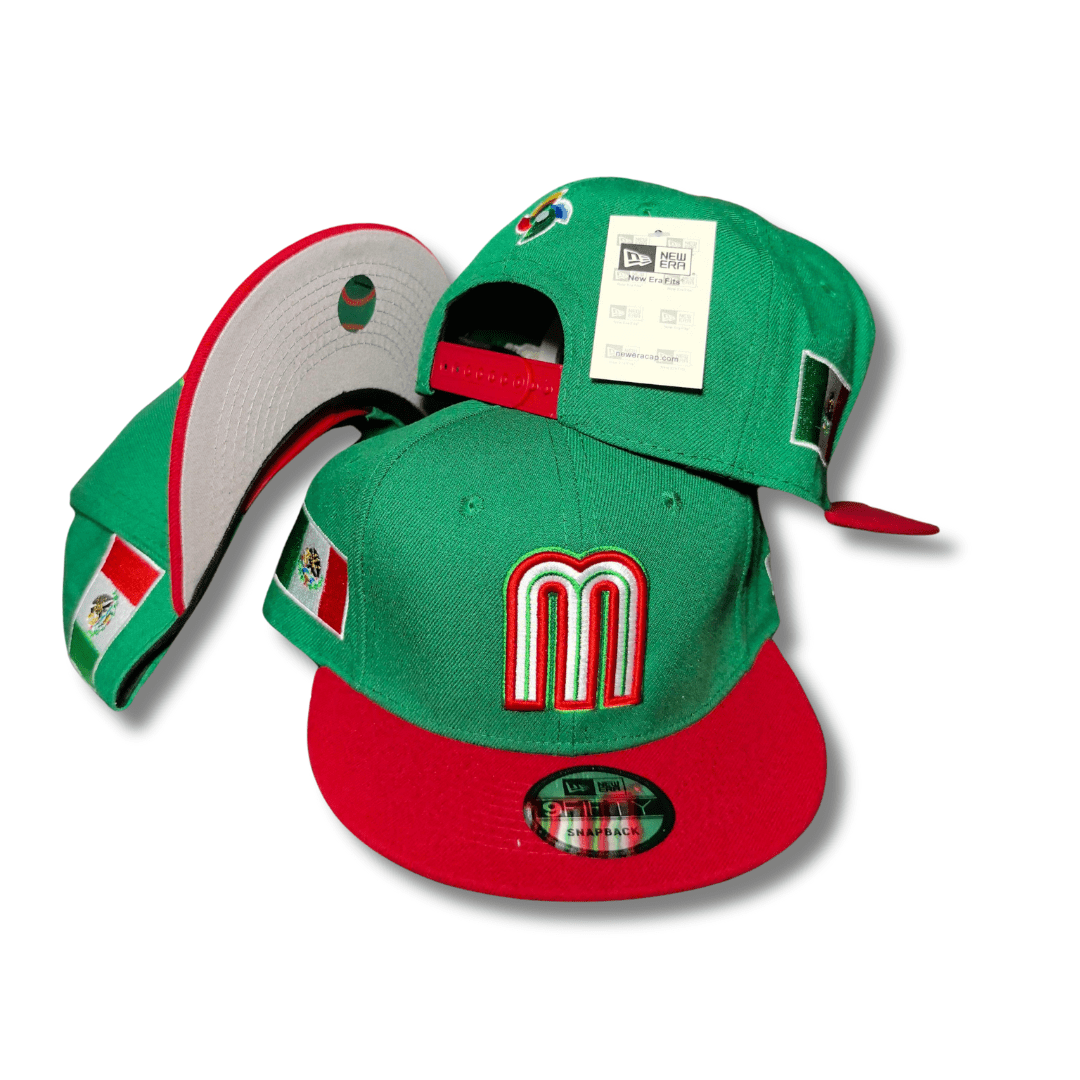Mexico Baseball Green and Red with Flag Embroidered Patches Snapback Cap