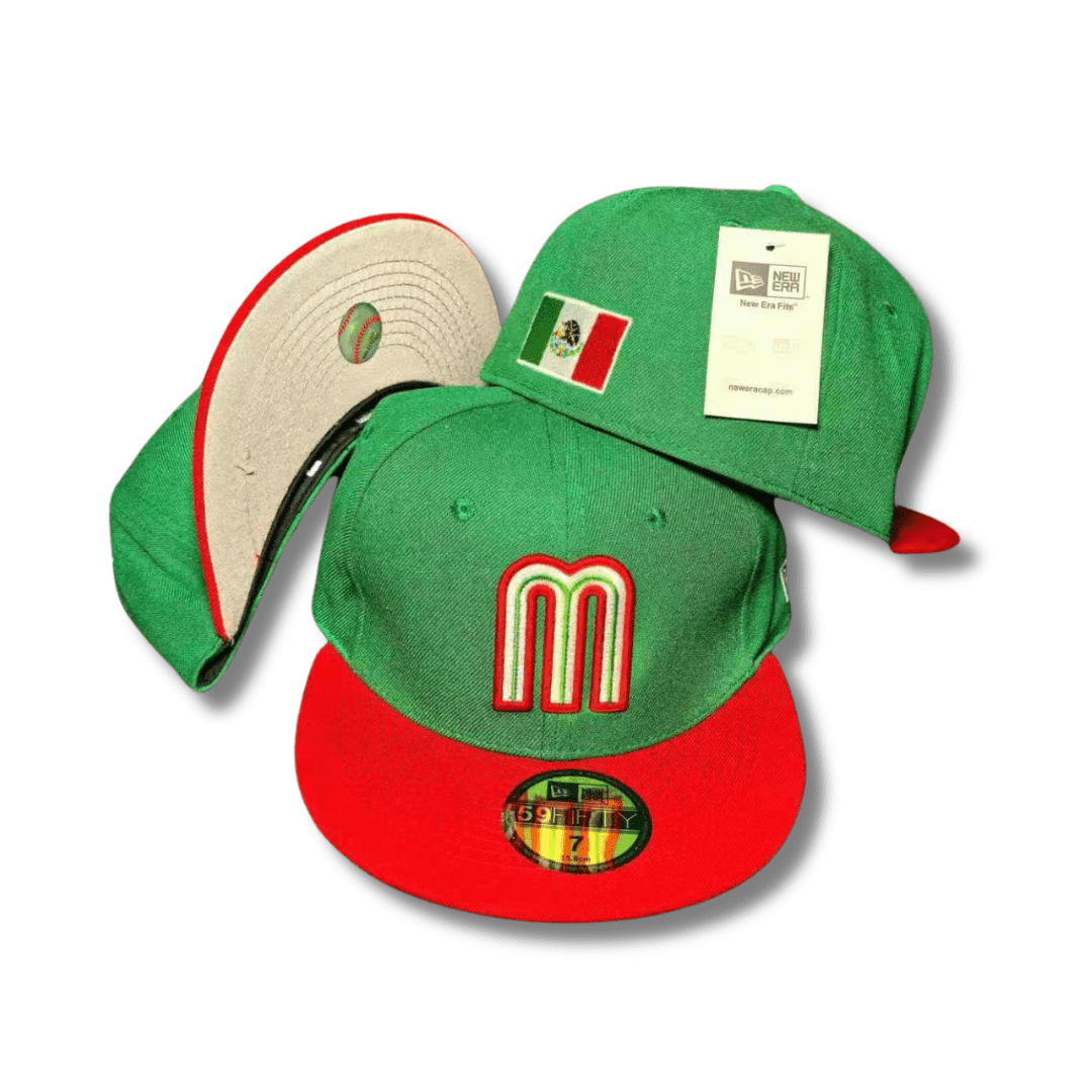 Team Mexico with Embroidered Logo and Mexican Flag Patch Green and Red Fitted Cap