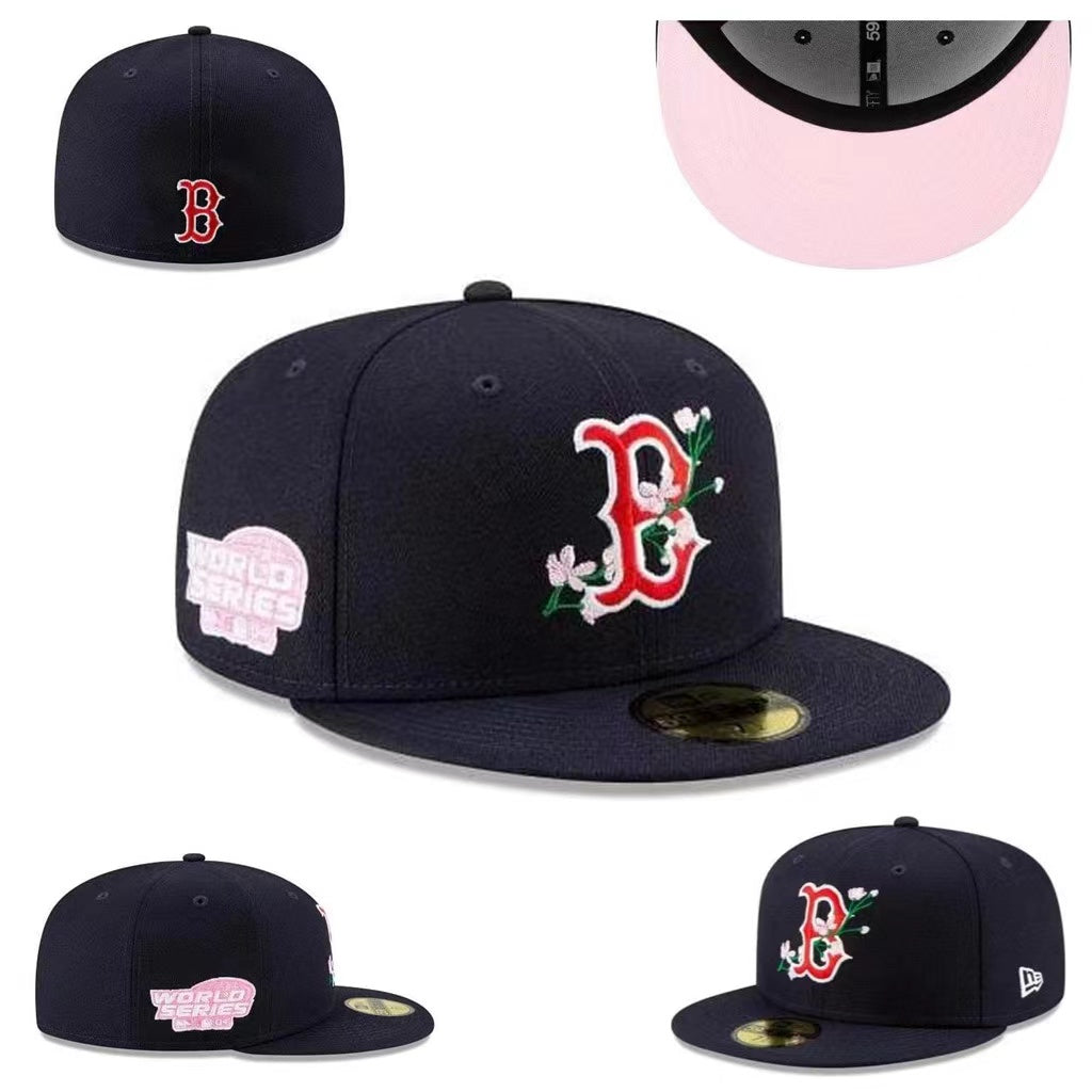 Boston Red Sox Floral-Embroidered World Series Hat with Pink Undervisor - Navy Blue