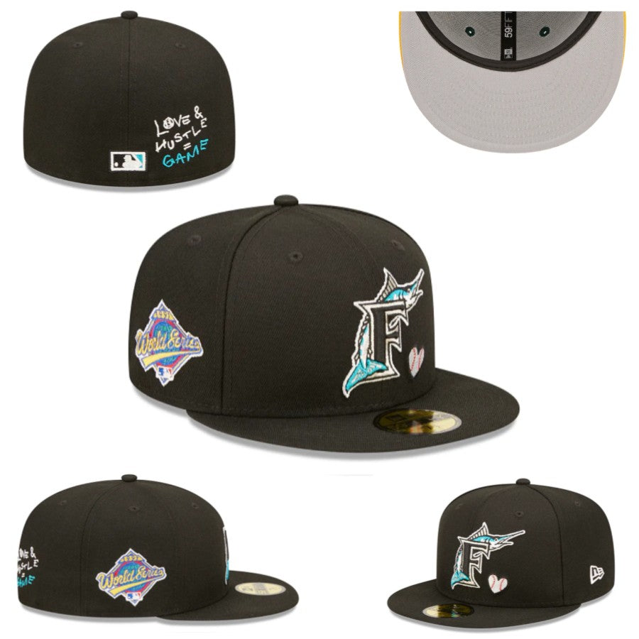 Miami Marlins World Series Fitted Hat with "Love & Hustle Game" Embroidery - Black