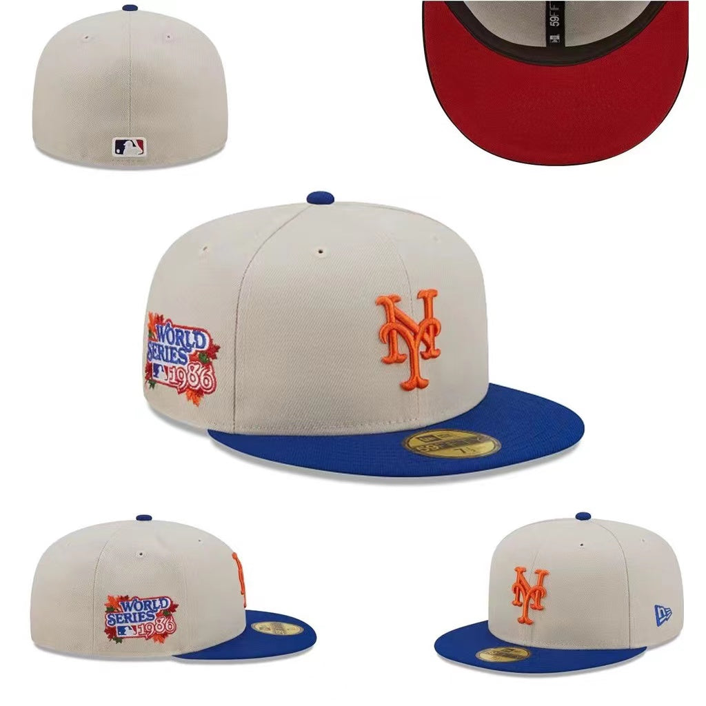 New York Mets 1986 World Series Fitted Hat with Blue Brim and Red Underbrim - Off-White