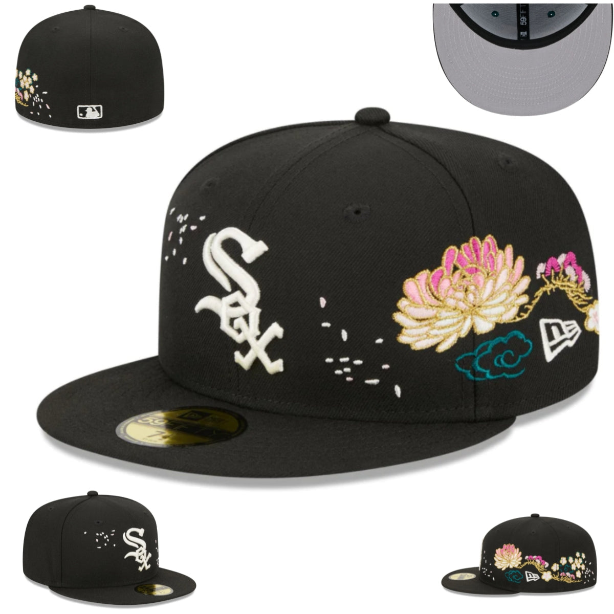 Chicago White Sox 59FIFTY Hat - Black with Floral Embroidery and White Logo