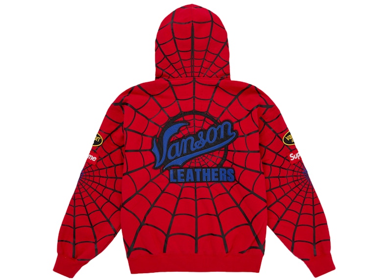 Supreme Vanson Leathers Spider-Man Zip Up Hooded Sweatshirt Red