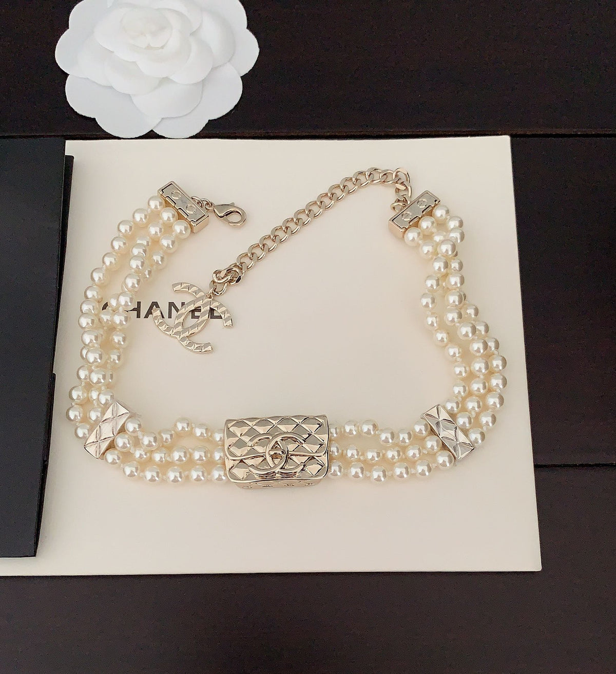Chanel Bag Pearls Chain 18K Gold Necklace