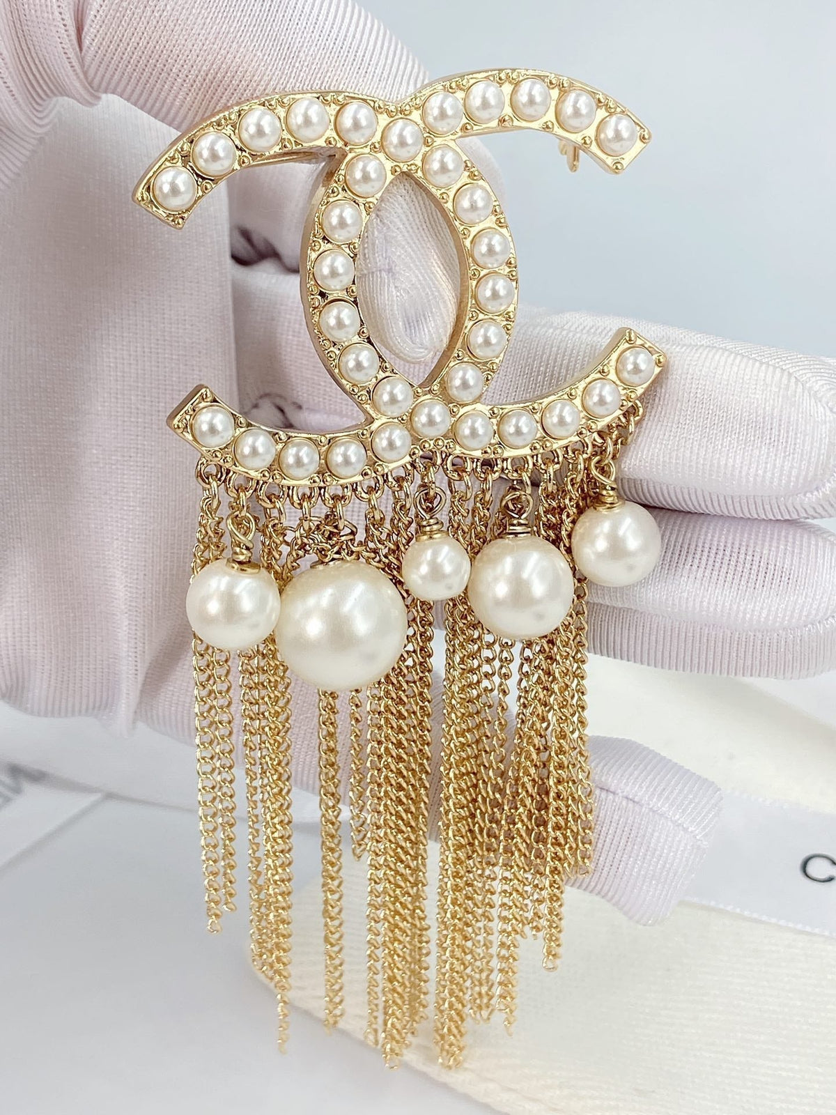 Chanel Pearl Tassel 18K Gold Brooch