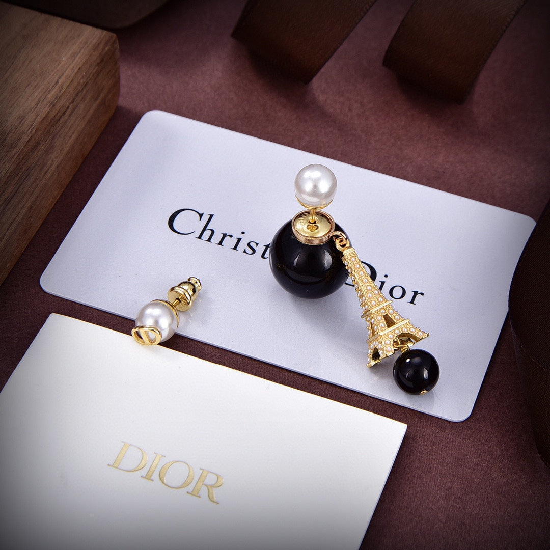 Dior Tribales Eiffel Tower Charm Black Pearls 18K Gold Earrings